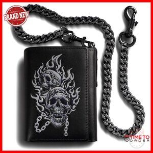 Men's Trifold Wallet With Detachable Chain RFID Blocking Leather